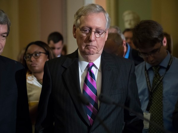 Senate Majority Leader Mitch McConnell, R-Ky., joined by Sen. Roy Blunt, R-Mo., left, pauses as he holds his first news conference since the Republican health care bill collapsed last week due to opposition within the GOP ranks, on Capitol Hill Washington, Tuesday, Aug. 1, 2017.  Sen. McConnell delayed the start of the traditional summer recess until the third week of August to catch up on uncompleted work.  (AP Photo/J. Scott Applewhite)