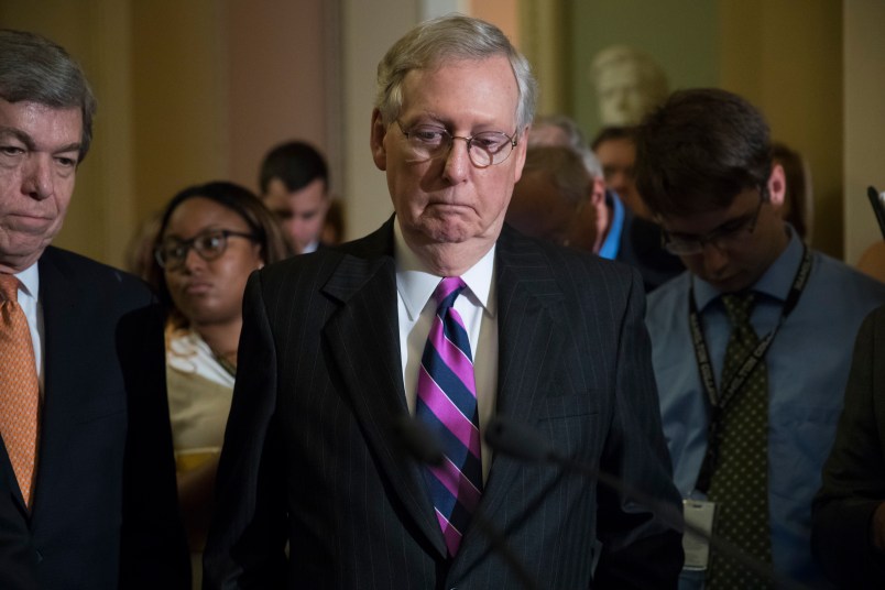 Senate Majority Leader Mitch McConnell, R-Ky., joined by Sen. Roy Blunt, R-Mo., left, pauses as he holds his first news conference since the Republican health care bill collapsed last week due to opposition within the GOP ranks, on Capitol Hill Washington, Tuesday, Aug. 1, 2017.  Sen. McConnell delayed the start of the traditional summer recess until the third week of August to catch up on uncompleted work.  (AP Photo/J. Scott Applewhite)