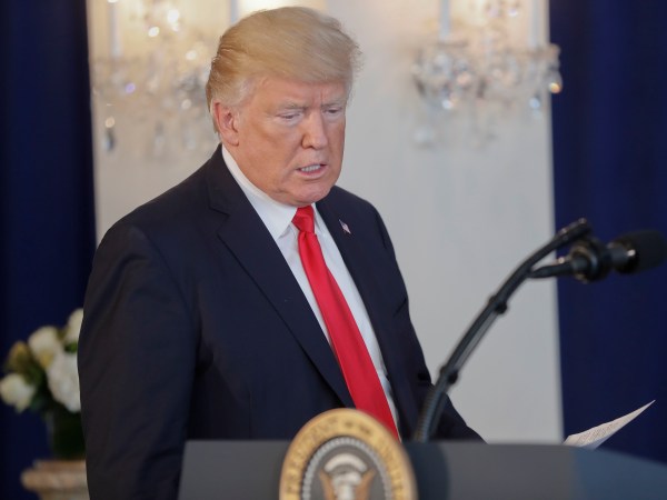 President Donald Trump walks up to the podium to speak to members of the media regarding the on going situation in Charlottesville, Va., Saturday, Aug. 12, 2017 in Bedminister, N.J. (AP Photo/Pablo Martinez Monsivais)