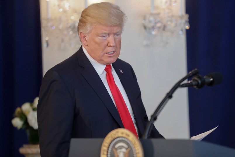 President Donald Trump walks up to the podium to speak to members of the media regarding the on going situation in Charlottesville, Va., Saturday, Aug. 12, 2017 in Bedminister, N.J. (AP Photo/Pablo Martinez Monsivais)