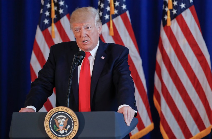 President Donald Trump speak to members of the media regarding the on going situation in Charlottesville, Va., Saturday, Aug. 12, 2017 at Trump National Golf Club in Bedminister, N.J. (AP Photo/Pablo Martinez Monsivais)
