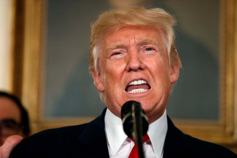 President Donald Trump speaks during an event to sign a memorandum calling for a trade investigation of China, in the Diplomatic Reception Room at the White House, Monday, Aug. 14, 2017, in Washington. (AP Photo/Alex Brandon)