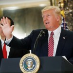 President Donald Trump speaks to the media in the lobby of Trump Tower, Tuesday, Aug. 15, 2017.  (AP Photo/Pablo Martinez Monsivais)