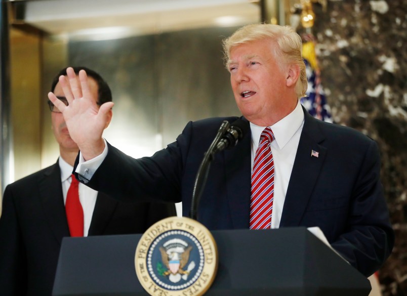 President Donald Trump speaks to the media in the lobby of Trump Tower, Tuesday, Aug. 15, 2017.  (AP Photo/Pablo Martinez Monsivais)