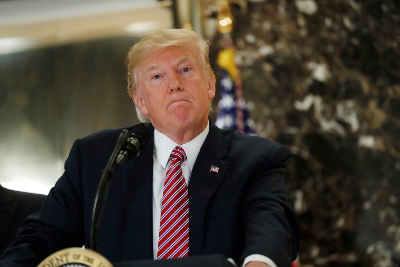 President Donald Trump speaks to the media in the lobby of Trump Tower, Tuesday, Aug. 15, 2017.  (AP Photo/Pablo Martinez Monsivais)