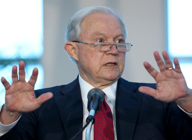 U.S. Attorney General Jeff Sessions gestures as he speaks during a news conference, Wednesday, Aug. 16, 2017, at PortMiami in Miami. As The White House wages a fight with cities and states over how far they can cooperate with federal immigration authorities, Sessions visited Miami to hail it as an example of a place that reversed its sanctuary policies to follow President Donald Trump’s orders. (AP Photo/Wilfredo Lee)