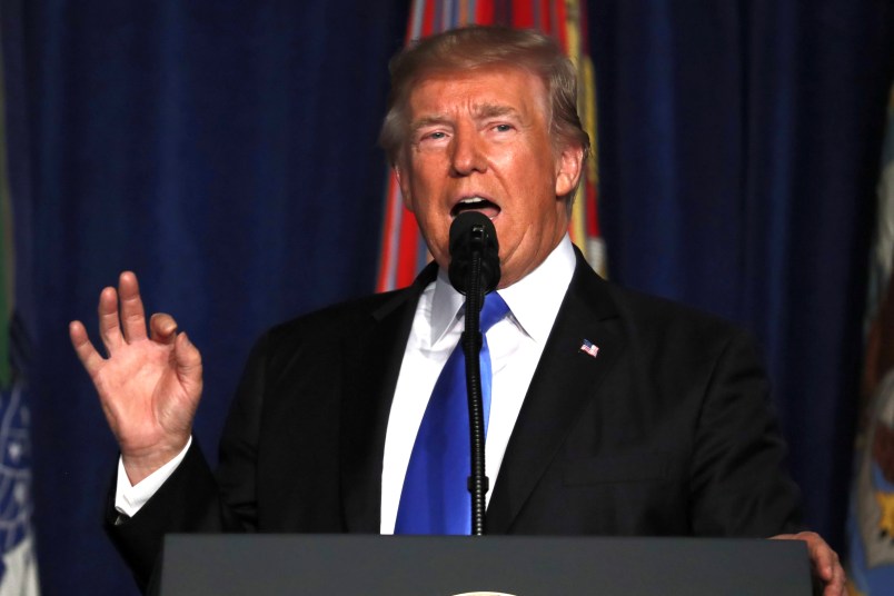 President Donald Trump speaks at Fort Myer in Arlington Va., Monday, Aug. 21, 2017, during a Presidential Address to the Nation about a strategy he believes will best position the U.S. to eventually declare victory in Afghanistan. (AP Photo/Carolyn Kaster)