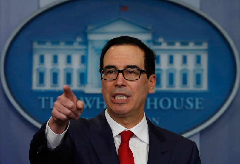 Treasury Secretary Steven Mnuchin speaks during the news briefing at the White House, in Washington, Friday, Aug. 25, 2017. (AP Photo/Carolyn Kaster)
