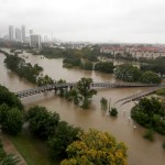 An overhead view of the flooding in Houston, from Buffalo Bayou on Memorial Drive and Allen Parkway, as heavy rains continue falling from Tropical Storm Harvey, Monday, Aug. 28, 2017. Houston was still largely paralyzed Monday, and there was no relief in sight from the storm that spun into Texas as a Category 4 hurricane, then parked itself over the Gulf Coast. (Karen Warren/Houston Chronicle via AP)