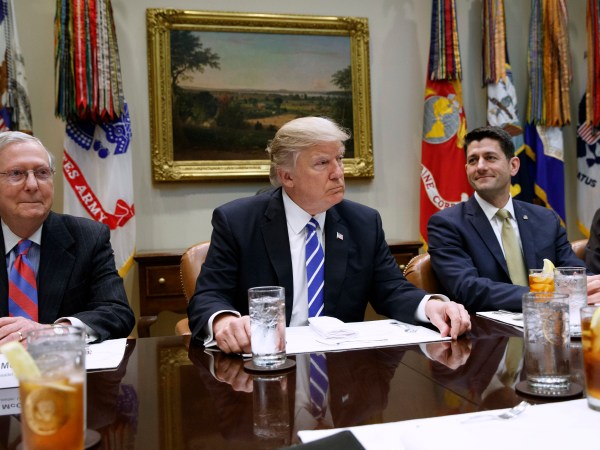President Donald Trump hosts a meeting with House and Senate leadership in the Roosevelt Room of the White House, Wednesday, March 1, 2017, in Washington. From left, Senate Majority Leader Mitch McConnell, R-Ky., Trump, and Speaker of the House Paul Ryan, R-Wis. (AP Photo/Evan Vucci)