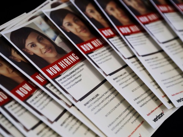 ***ATTN Swayne Hall *** A flyer advertises jobs for Verizon wireless during a job fair Thursday, Aug. 24, 2017, in San Jose, Calif. (AP Photo/Marcio Jose Sanchez)