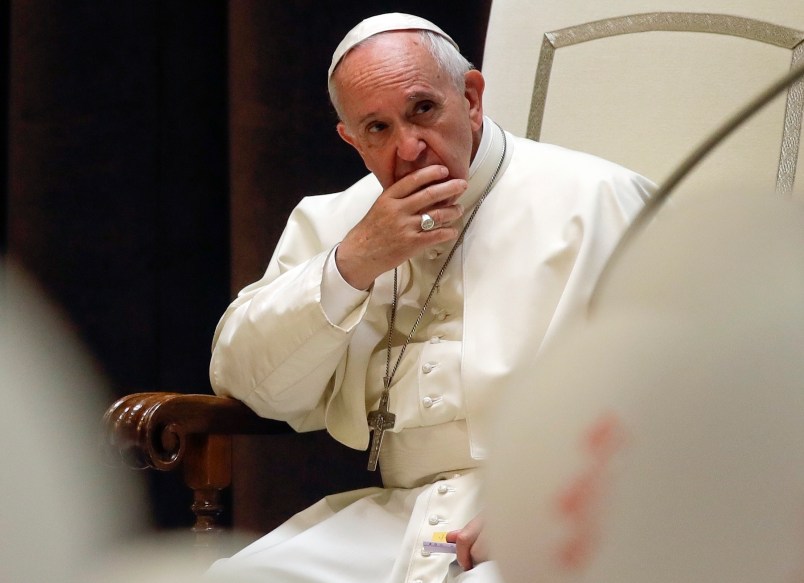 FILE - In this Saturday, June 3, 2017 file photo, Pope Francis attends an audience in the Paul VI Hall at the Vatican. Pope Francis says that when he was 42 he had sessions weekly with a psychoanalyst who was female and Jewish to "clarify some things." It wasn't specified what the future pontiff wanted to explore. (AP Photo/Alessandra Tarantino)