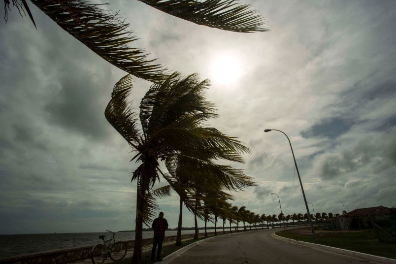 A man stands as the wind blows on the Malecon in Caibarien, central Cuba, Friday, Sept. 8, 2017. (AP Photo/Desmond Boylan)