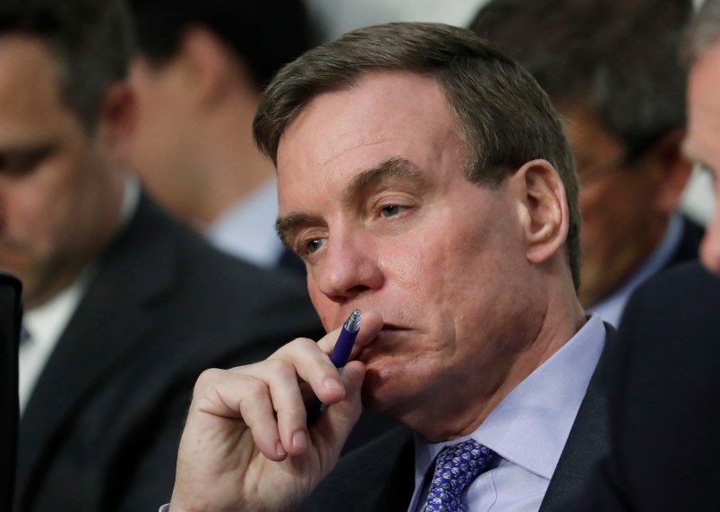 Vice Chairman Mark Warner, D-Va., and Sen. Richard Burr, R-N.C., right, chairman of the Senate Select Committee on Intelligence, listen as Attorney General Jeff Sessions testifies before the Senate Select Committee on Intelligence about his role in the firing of FBI Director James Comey and the investigation into contacts between Trump campaign associates and Russia, on Capitol Hill in Washington, Tuesday, June 13, 2017. (AP Photo/J. Scott Applewhite)