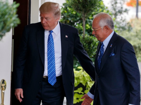 President Donald Trump greets Malaysian Prime Minister Najib Razak at the White House, Tuesday, Sept. 12, 2017, in Washington. (AP Photo/Evan Vucci)