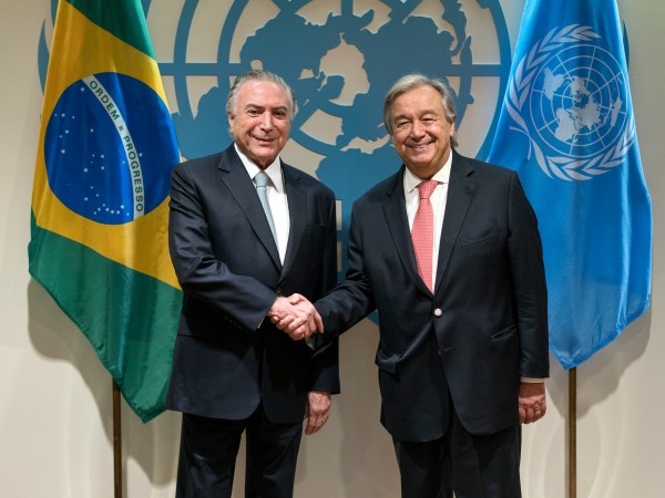 Brazil's President Michel Temer, left, is greeted by United Nations Secretary-General Antonio Guterres before a meeting Tuesday, Sept. 19, 2017, at U.N. headquarters. (AP Photo/Craig Ruttle)