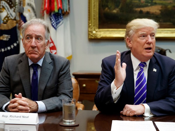Rep. Richard Neal, D-Mass., listens as President Donald Trump speaks during a meeting with members of the House Ways and Means committee in the Roosevelt Room of the White House, Tuesday, Sept. 26, 2017, in Washington. (AP Photo/Evan Vucci)