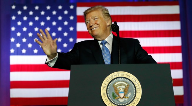 President Donald Trump waves before speaking about tax reform at the Farm Bureau Building at the Indiana State Fairgrounds, Wednesday, Sept. 27, 2017, in Indianapolis, Ind. (AP Photo/Alex Brandon)