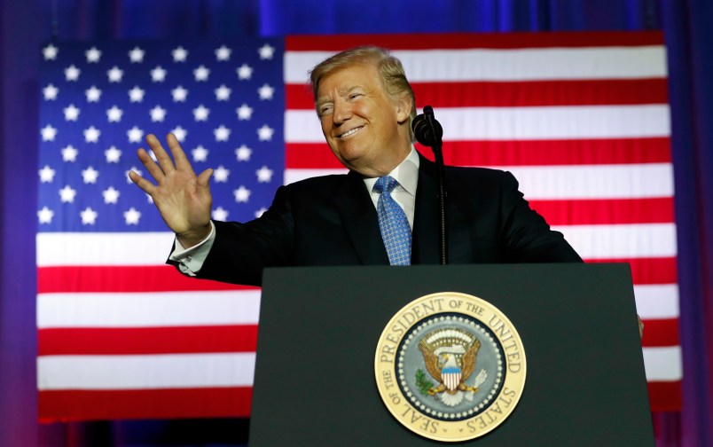 President Donald Trump waves before speaking about tax reform at the Farm Bureau Building at the Indiana State Fairgrounds, Wednesday, Sept. 27, 2017, in Indianapolis, Ind. (AP Photo/Alex Brandon)