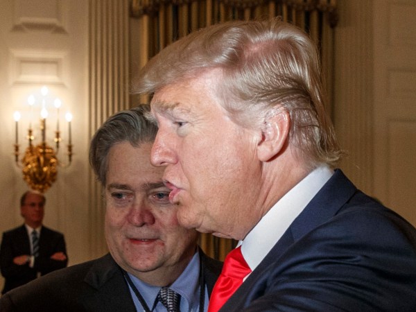 President Donald Trump talks with Cleveland Clinic President and CEO Toby Cosgrove during a meeting with business leaders in the State Dining Room of the White House in Washington, Friday, Feb. 3, 2017, in Washington. From left are, Cosgrove, White House chief strategist Steve Bannon, Trump, and Tesla and SpaceX CEO Elon Musk. (AP Photo/Evan Vucci)
