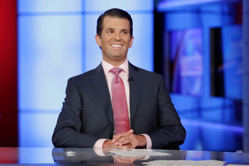 Donald Trump Jr. is interviewed by host Sean Hannity on his Fox News Channel television program, in New York Tuesday, July 11, 2017.  (AP Photo/Richard Drew)