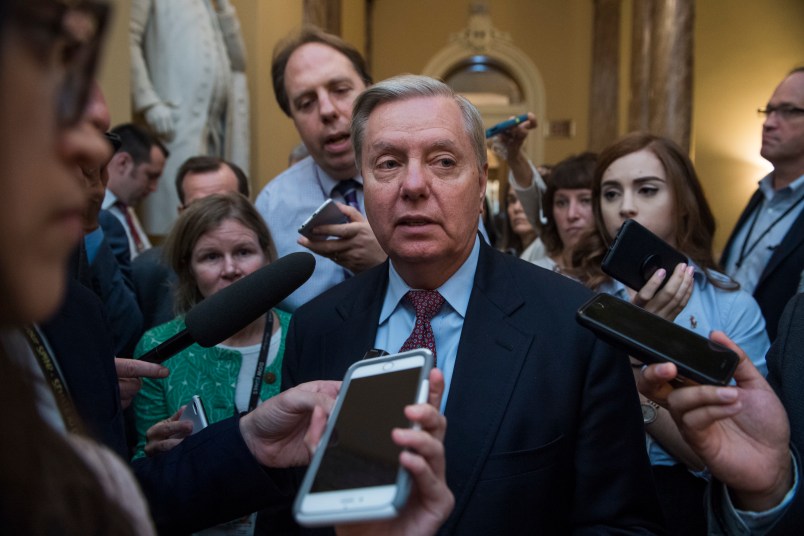 UNITED STATES - AUGUST 01: Sen. Lindsey Graham, R-S.C., talks with reporters before the Senate Policy luncheons in the Capitol on August 1, 2017. (Photo By Tom Williams/CQ Roll Call)