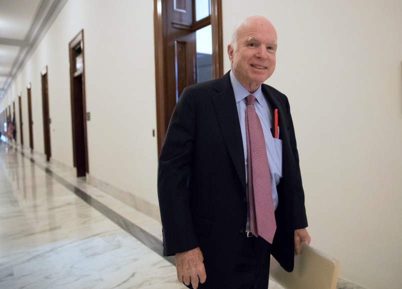 Sen. John McCain, R-Ariz., walks from his Senate office as Congress returns from the August recess to face work on immigration, the debt limit, funding the government, and help for victims of Hurricane Harvey, in Washington, Tuesday, Sept. 5, 2017.  Earlier, McCain declared President Donald Trump’s decision to phase out an Obama administration program that has protected hundreds of thousands of young immigrants “the wrong approach” at a time when Republicans and Democrats need to work together.  (AP Photo/J. Scott Applewhite)