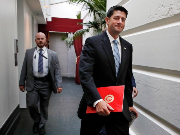 House Speaker Paul Ryan of Wisconsin, right, arrives for a meeting with House Republicans, Wednesday, Sept. 6, 2017, on Capitol Hill in Washington. (AP Photo/Jacquelyn Martin)