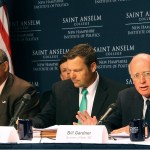 New Hampshire Secretary of State Bill Gardner, right, introduces one of the speakers at a meeting of the Presidential Advisory Commission on Election Integrity on Tuesday, Sept. 12, 2017 in Manchester, NH. Kansas Secretary of State Kris Kobach, center, and former Ohio Secretary of State Ken Blackwell, left, also attend. Gardner opened the meeting by defending his participation and the panel’s existence, saying it hasn’t yet reached any conclusion. (AP Photo/Holly Ramer)