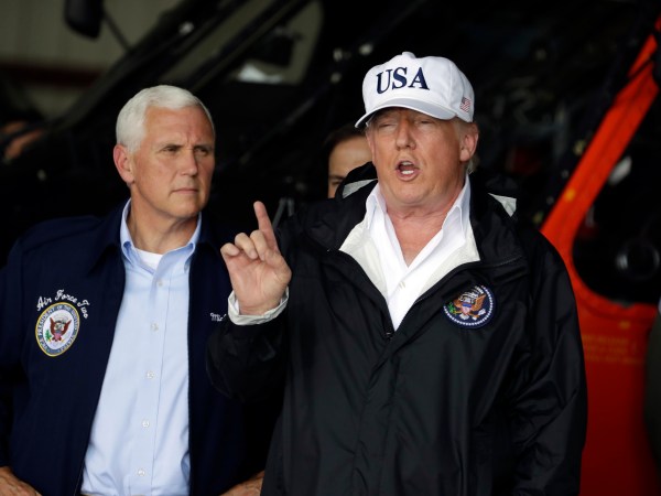 President Donald Trump and first lady Melania Trump arrive at Southwest Florida International airport to meet with first responders and people impacted by Hurricane Irma, Tuesday, Sept. 14, 2017, in Ft. Myers, Fla. (AP Photo/Evan Vucci) President Donald Trump participates in a briefing on Hurricane Irma relief efforts, Tuesday, Sept. 14, 2017, in Ft. Myers, Fla. (AP Photo/Evan Vucci)