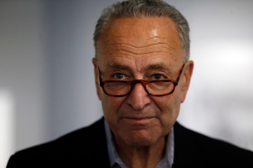 Senate Minority Leader Chuck Schumer of New York makes a brief stop at an exhibit, "Then They Came for Me: Incarceration of Japanese Americans during WWII and the Demise of Civil Liberties," chronicling the incarceration of Japanese Americans during World War II at the Alphawood Gallery, Friday, Sept. 15, 2017, in Chicago. (AP Photo/Kiichiro Sato)