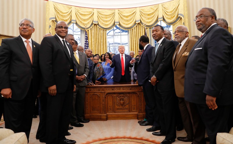 President Donald Trump meets with leaders of Historically Black Colleges and Universities (HBCU) in the Oval Office of the White House in Washington, Monday, Feb. 27, 2017. (AP Photo/Pablo Martinez Monsivais)