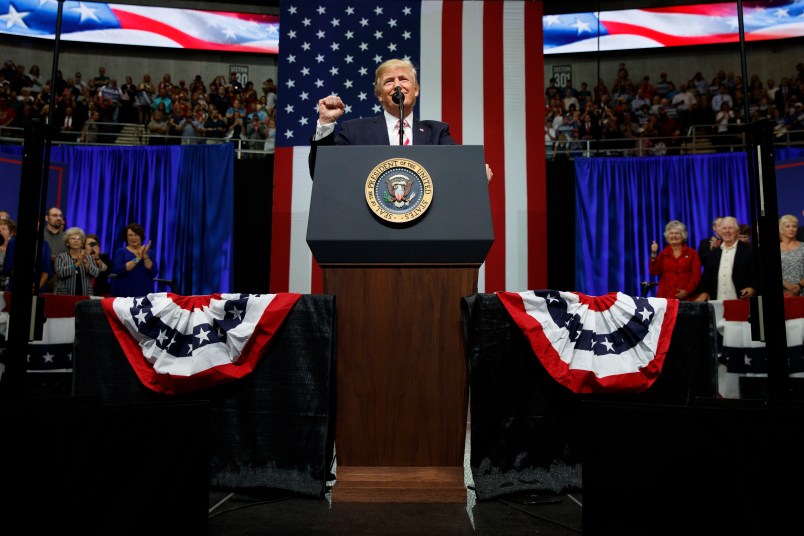 President Donald Trump speaks during a campaign rally for Senate candidate Luther Strange, Friday, Sept. 22, 2017, in Huntsville, Ala. (AP Photo/Evan Vucci)