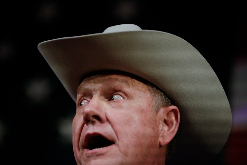Former Alabama Chief Justice and U.S. Senate candidate Roy Moore speaks at a rally, Monday, Sept. 25, 2017, in Fairhope, Ala. (AP Photo/Brynn Anderson)
