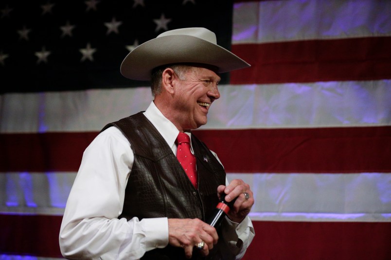 Former Alabama Chief Justice and U.S. Senate candidate Roy Moore speaks at a rally, Monday, Sept. 25, 2017, in Fairhope, Ala. (AP Photo/Brynn Anderson)