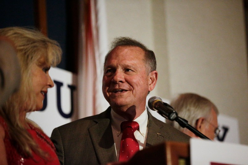 Former Alabama Chief Justice and U.S. Senate candidate Roy Moore during his election party, Tuesday, Sept. 26, 2017, in Montgomery, Ala. Moore won the Alabama Republican primary runoff for U.S. Senate on Tuesday, defeating an appointed incumbent backed by President Donald Trump and allies of Sen. Mitch McConnell. (AP Photo/Brynn Anderson)