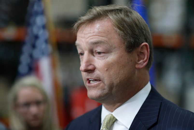 Sen. Dean Heller, R-Nev., speaks at a news conference Monday, Aug. 28, 2017, in Las Vegas. (AP Photo/John Locher)
