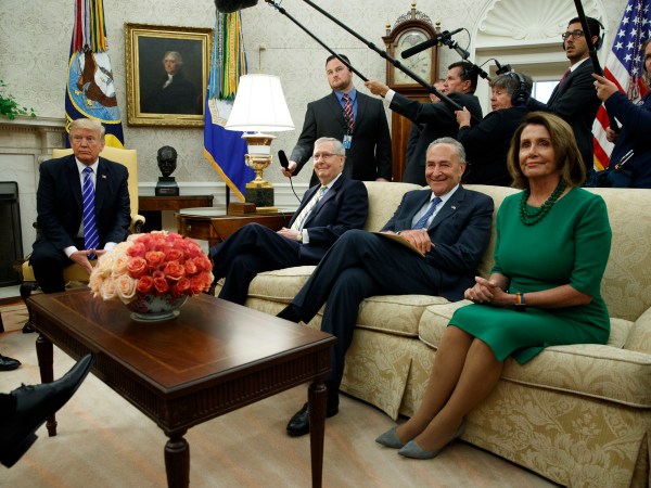 President Donald Trump meets with, from left, Senate Majority Leader Mitch McConnell, R-Ky., Senate Minority Leader Chuck Schumer, D-N.Y., and House Minority Leader Nancy Pelosi, D-Calif., and other Congressional leaders in the Oval Office of the White House, Wednesday, Sept. 6, 2017, in Washington. (AP Photo/Evan Vucci)