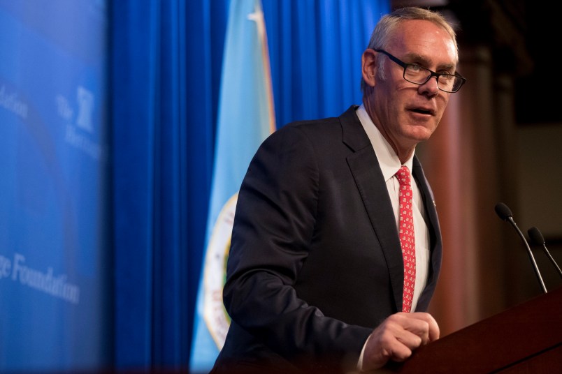 Interior Secretary Ryan Zinke speaks on the Trump Administration's energy policy at the Heritage Foundation in Washington, Friday, Sept. 29, 2017. (AP Photo/Andrew Harnik)