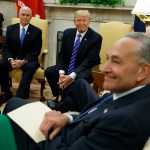 Vice President Mike Pence looks on as President Donald Trump speaks during a meeting with Senate Minority Leader Chuck Schumer, D-N.Y., and other Congressional leaders in the Oval Office of the White House, Wednesday, Sept. 6, 2017, in Washington. (AP Photo/Evan Vucci)