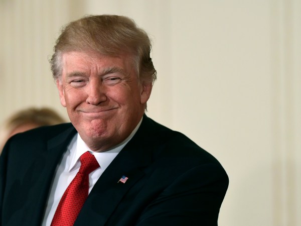 President Donald Trump smiles as he announces in the East Room of the White House in Washington, Thursday, Oct. 12, 2017,  that Kirstjen Nielsen, a cybersecurity expert and deputy White House chief of staff is his choice to be the next Homeland Security Secretary. (AP Photo/Susan Walsh)