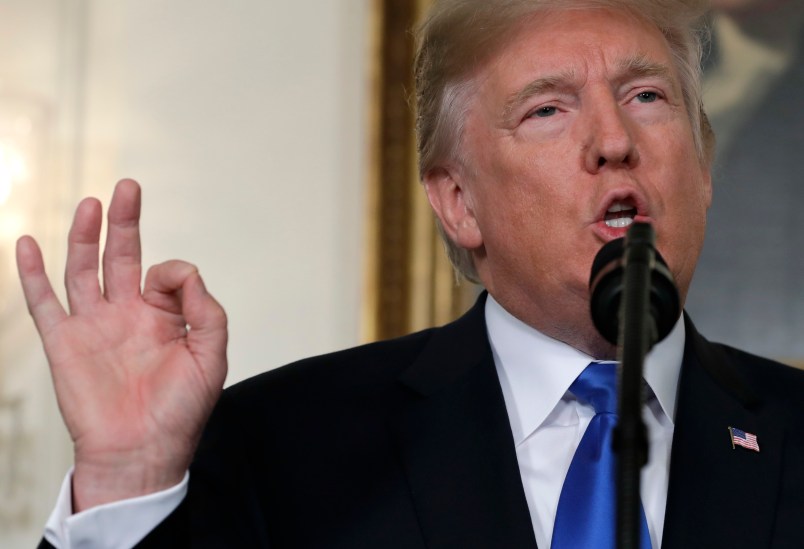 President Donald Trump delivers remarks on Iran policy from the Diplomatic Reception Room of the White House, Friday, Oct. 13, 2017, in Washington. (AP Photo/Evan Vucci)