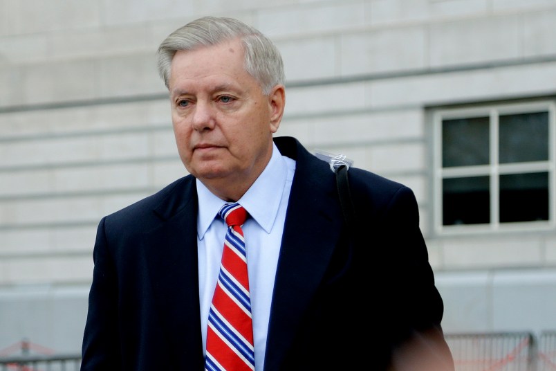 Republican U.S. Sen. Lindsey Graham leaves Martin Luther King, Jr., Federal Courthouse after testifying on behalf of Sen. Bob Menendez, Thursday, Oct. 26, 2017, in Newark, N.J. (AP Photo/Julio Cortez)