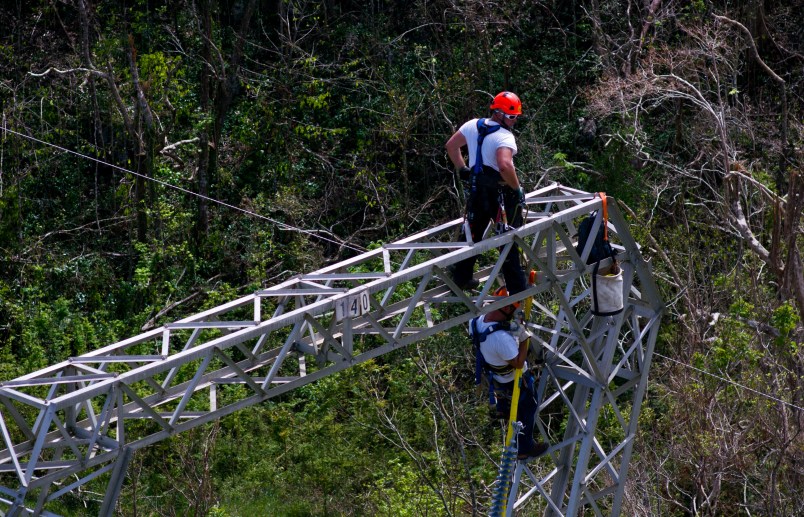 Whitefish Energy workers work on power line towers in Barceloneta, Puerto Rico, Sunday, Oct. 15, 2017.(AP Photo/Ramon Espinosa)