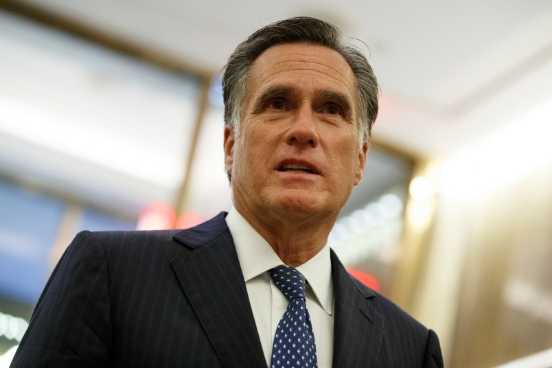 Former Republican presidential nominee Gov. Mitt Romney talks with reporters after eating dinner with President-elect Donald Trump at Jean-Georges restaurant, Tuesday, Nov. 29, 2016, in New York. (AP Photo/Evan Vucci)