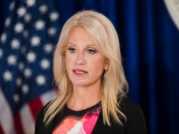 Counselor to the President Kellyanne Conway during a news conference in Trenton, N.J., Monday, Sept. 18, 2017.  (AP Photo/Matt Rourke)