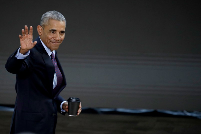 Former President Barack Obama leaves the stage after speaking during the Goalkeepers Conference hosted by the Bill and Melinda Gates Foundation, Wednesday, Sept. 20, 2017, in New York. (AP Photo/Julio Cortez)