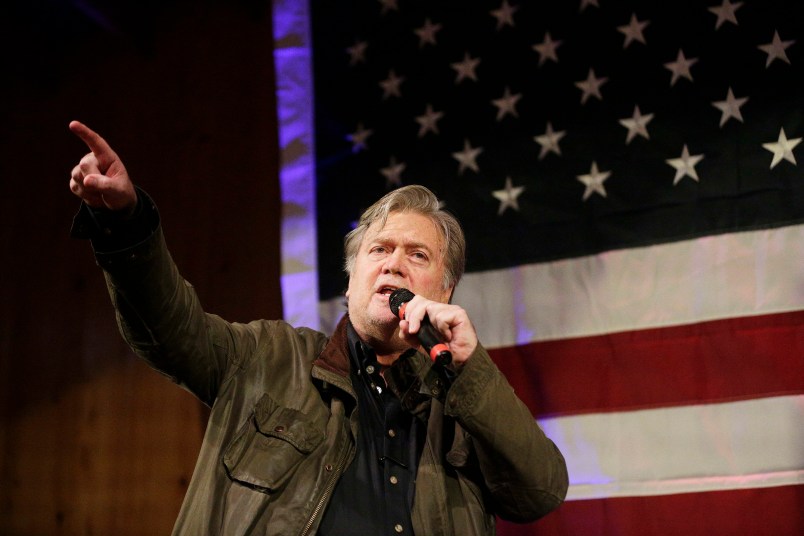 Former White House strategist Steve Bannon speaks at a rally for U.S. Senate hopeful Roy Moore, Monday, Sept. 25, 2017, in Fairhope, Ala. (AP Photo/Brynn Anderson)