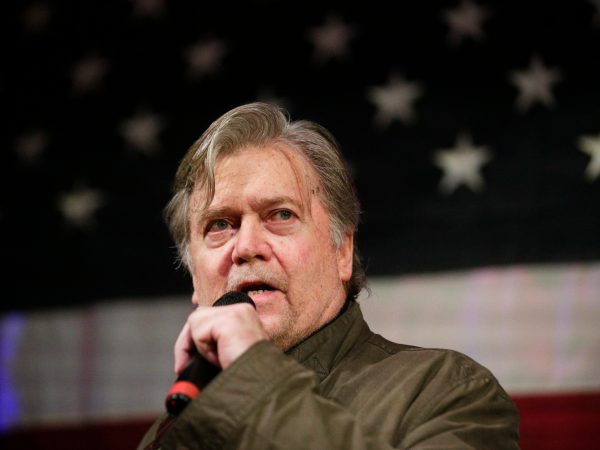 Former White House strategist Steve Bannon speaks at a rally for U.S. Senate hopeful Roy Moore, Monday, Sept. 25, 2017, in Fairhope, Ala. (AP Photo/Brynn Anderson)