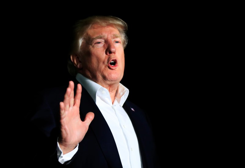 President Donald Trump speaks to reporters about Puerto Rico upon his return to the White House in Washington, Sunday, Oct. 1, 2017.   (AP Photo/Manuel Balce Ceneta)